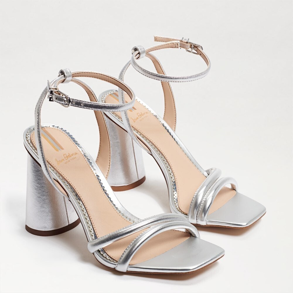 Sam Edelman Kia Sandals Women's 8 Silver Leather Square Toe Ankle Strap HAWK492